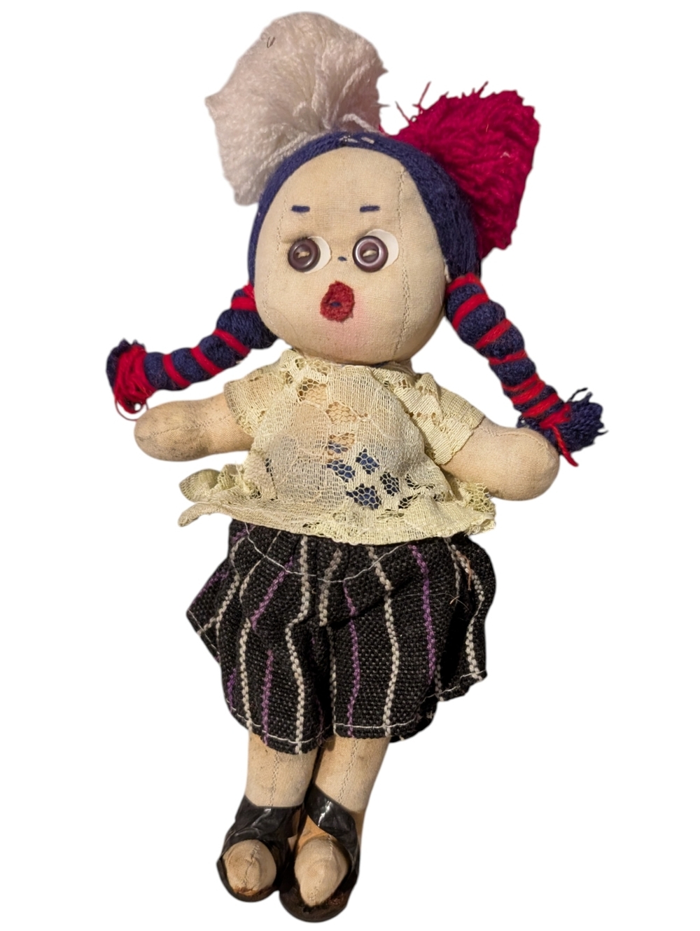 Vintage Mexican Handmade Jointed Folk Art Button‎ Eyed Cloth Rag Doll Flawed